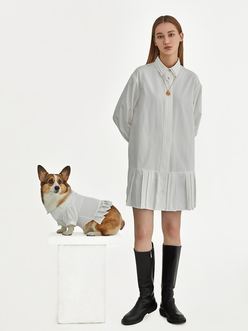 2020 autumn and winter long knee-length pleated shirt pet parent-child clothing - One Piece Dresses - Cotton & Hemp White