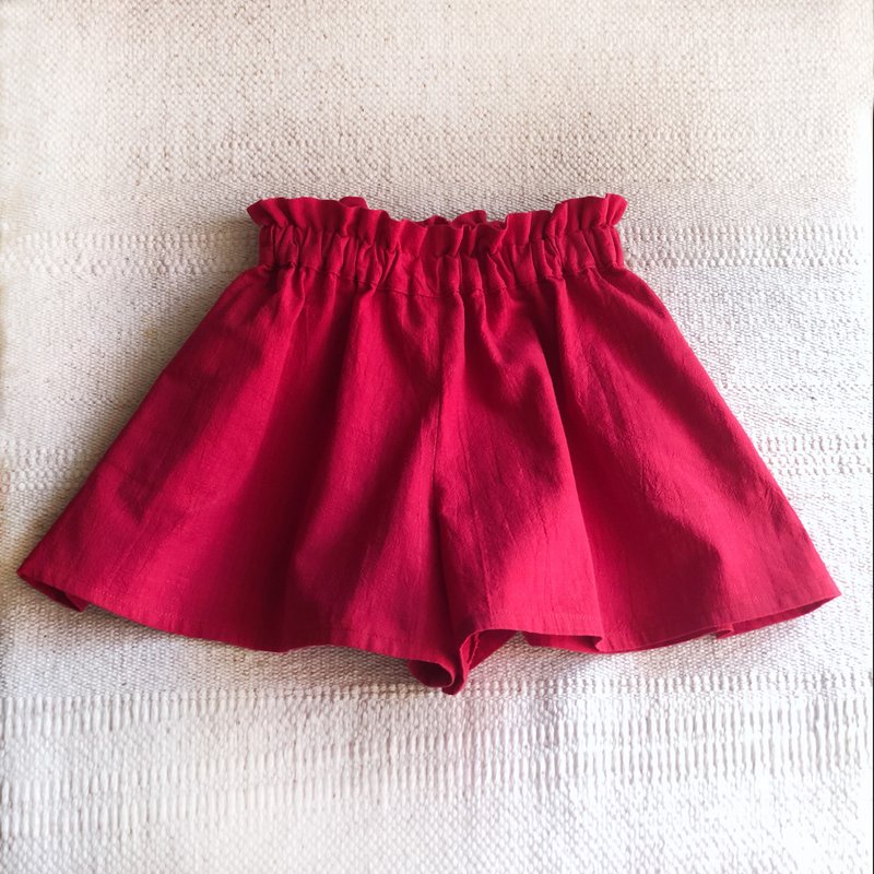 花朵型-紅色棉麻短裙褲 110cm 現貨 - 男/女童長褲/短褲 - 棉．麻 紅色
