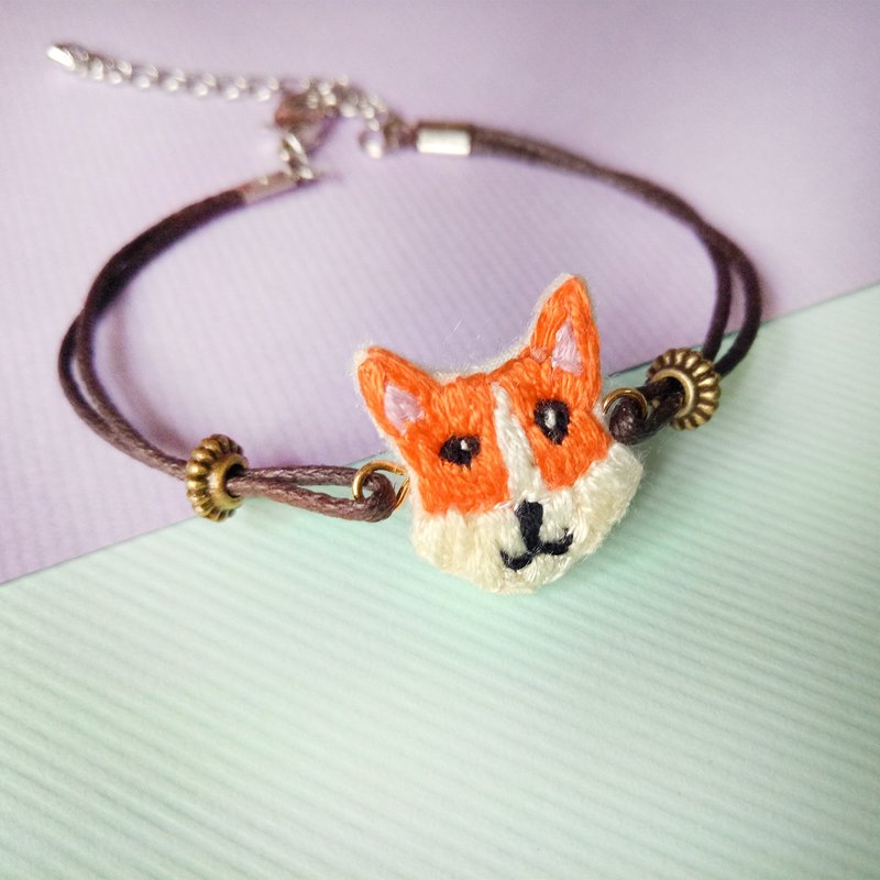 動物系刺繡柯基汪旺來 手鍊 手工刺繡 - 手鍊/手環 - 繡線 橘色