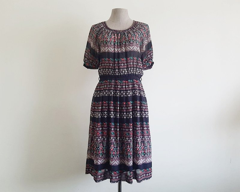 Small Vintage Black Pink Floral Print Dress Womens Chiffon Dress Summer Dress S - 洋裝/連身裙 - 聚酯纖維 黑色