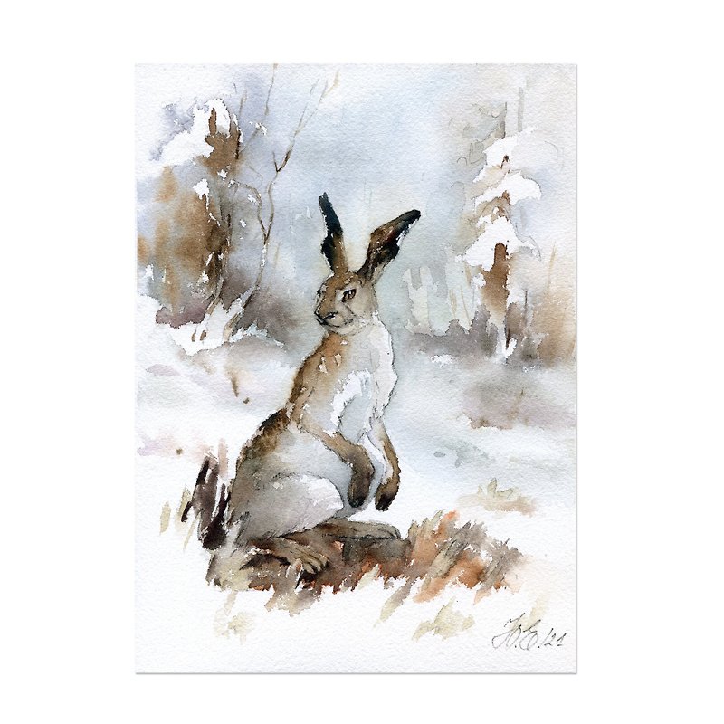 Hare in winter forest Original watercolor painting by Yulia Evsyukova - โปสเตอร์ - กระดาษ สีเทา