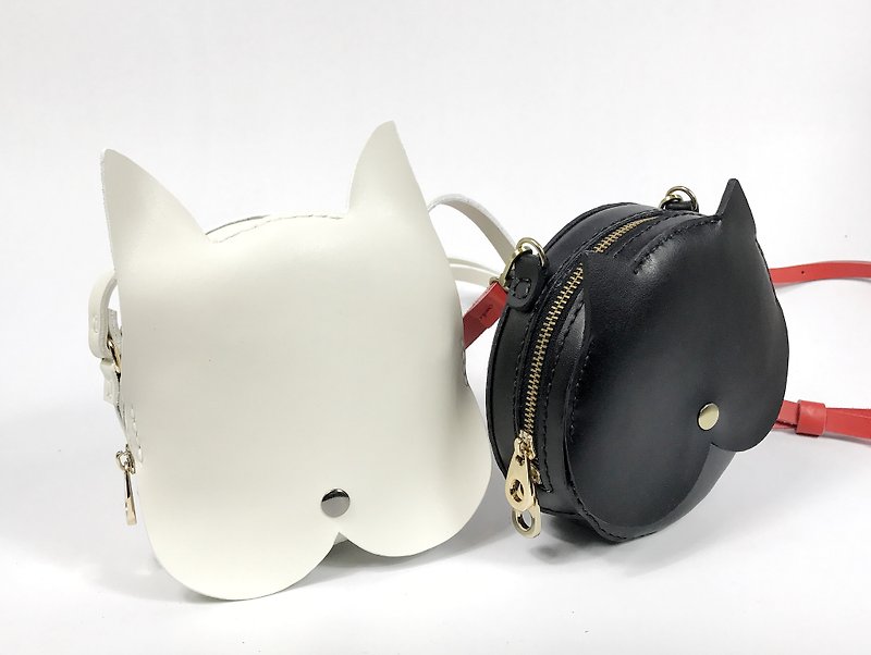 Zemoneni leather shoulder bag white dog and black cat collection - Messenger Bags & Sling Bags - Genuine Leather Multicolor
