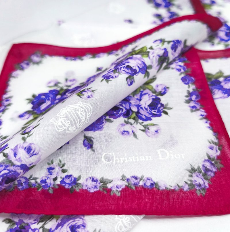 Christian Dior Vintage Floral Handkerchief — Purple Roses 19 x 18.5 inches - 手帕 - 棉．麻 紫色