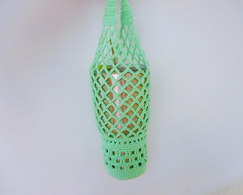 水綠簍空手鉤編織包 水壺袋 環保袋 - 杯袋/飲料提袋 - 棉．麻 綠色