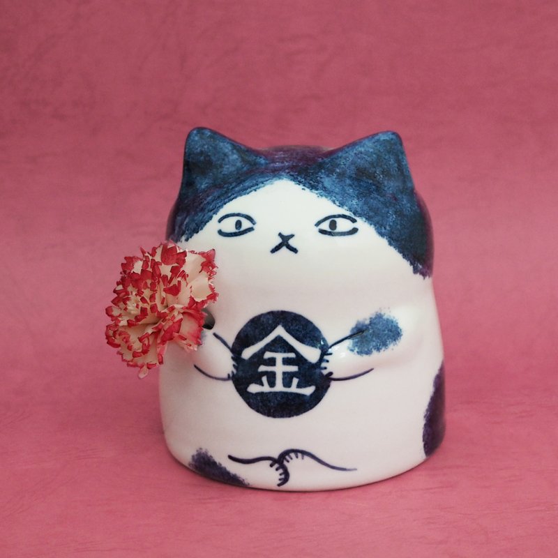 [Golden Cat] Blessing Flower Container/Lucky Decoration/Can be inserted with dried flowers - Items for Display - Porcelain White