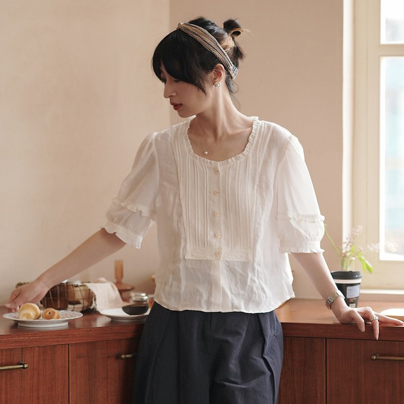 白色方領亞麻襯衫|襯衫|夏款|法國面料|Sora-976 - 女襯衫 - 棉．麻 白色