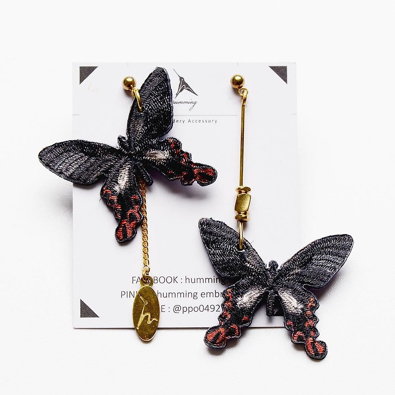 Embroidery Earrings of Board-tail Swallowtail Butterfly - ต่างหู - งานปัก หลากหลายสี