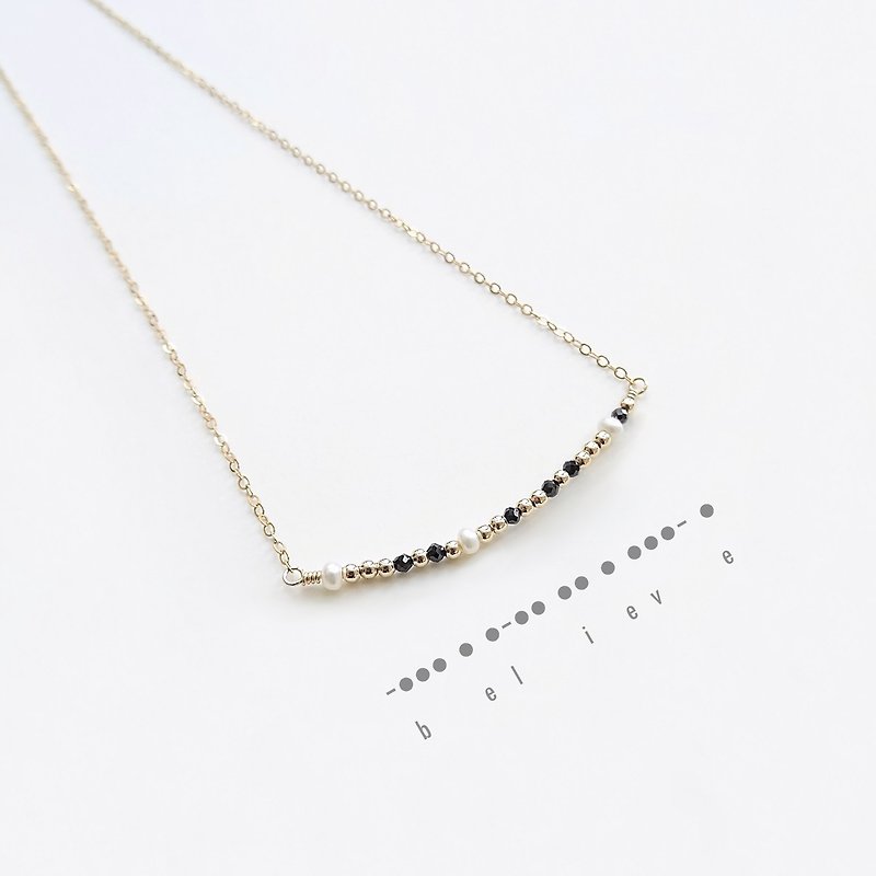 Dainty Black Spinel Freshwater Pearls Beaded 14K GF Handmade Morse Code Necklace - สร้อยคอ - เครื่องประดับพลอย สีทอง