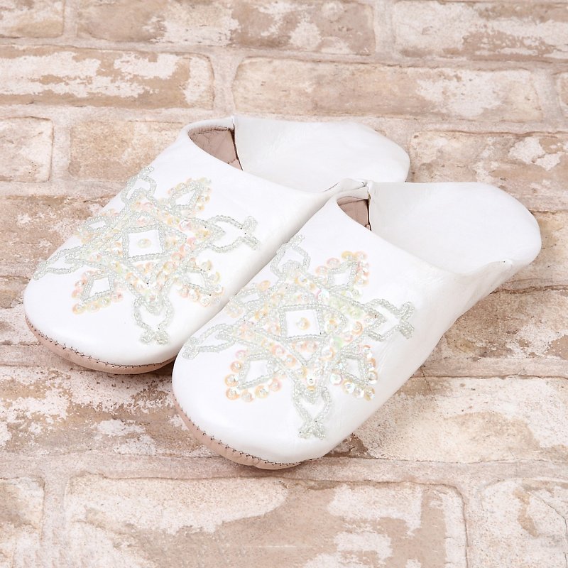 Babouche Leather Slippers/White color/拖鞋 - Other - Genuine Leather White