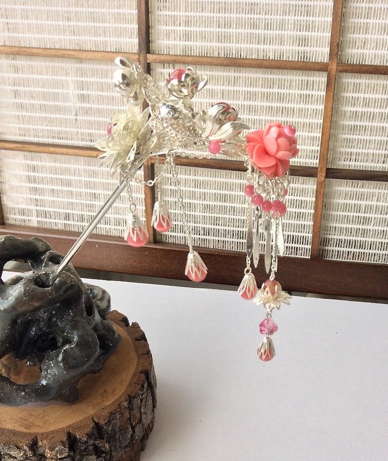 Hand-made ~ meow style Bob banks charge / (with Rose and rose pink dichroic inner) bottom silver - Hair Accessories - Paper 