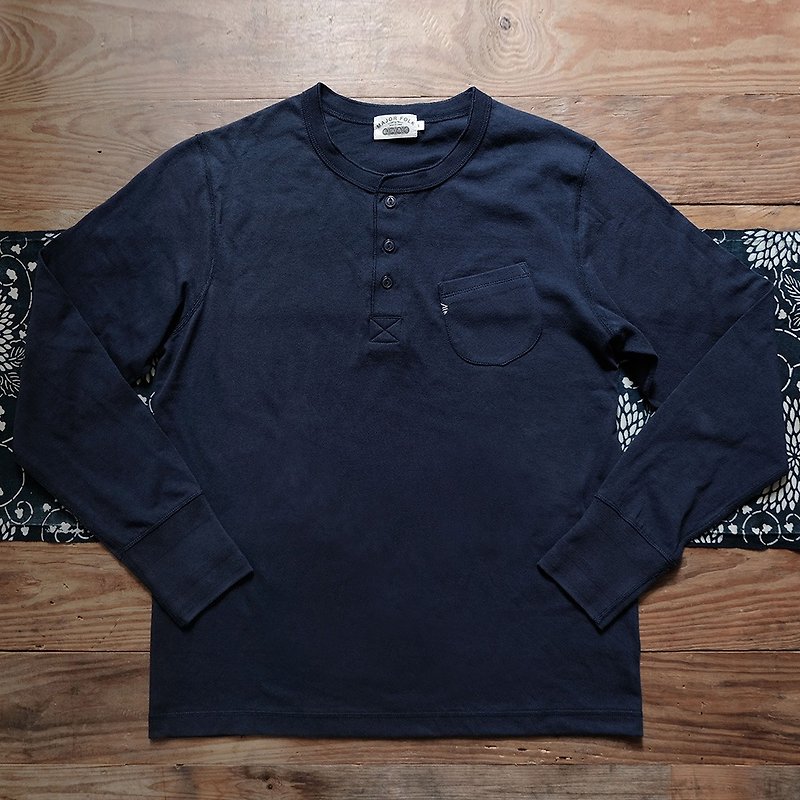 Major Folk│Crooked pocket embroidered American retro navy blue Henry collar long-sleeved T-shirt - Men's T-Shirts & Tops - Cotton & Hemp 
