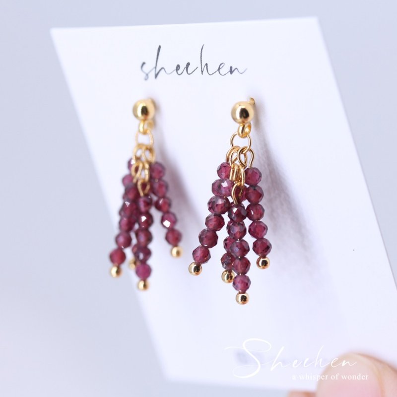 天然石榴石 高品質酒紅石榴石流蘇小耳針 半寶石飾品 輕珠寶耳環 - 耳環/耳夾/耳骨夾 - 半寶石 紅色