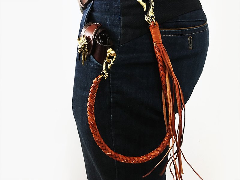 Leather Braided Chain (Diameter 1CM) for Wallet, Trucker leather Braided Chain - Belts - Genuine Leather Brown