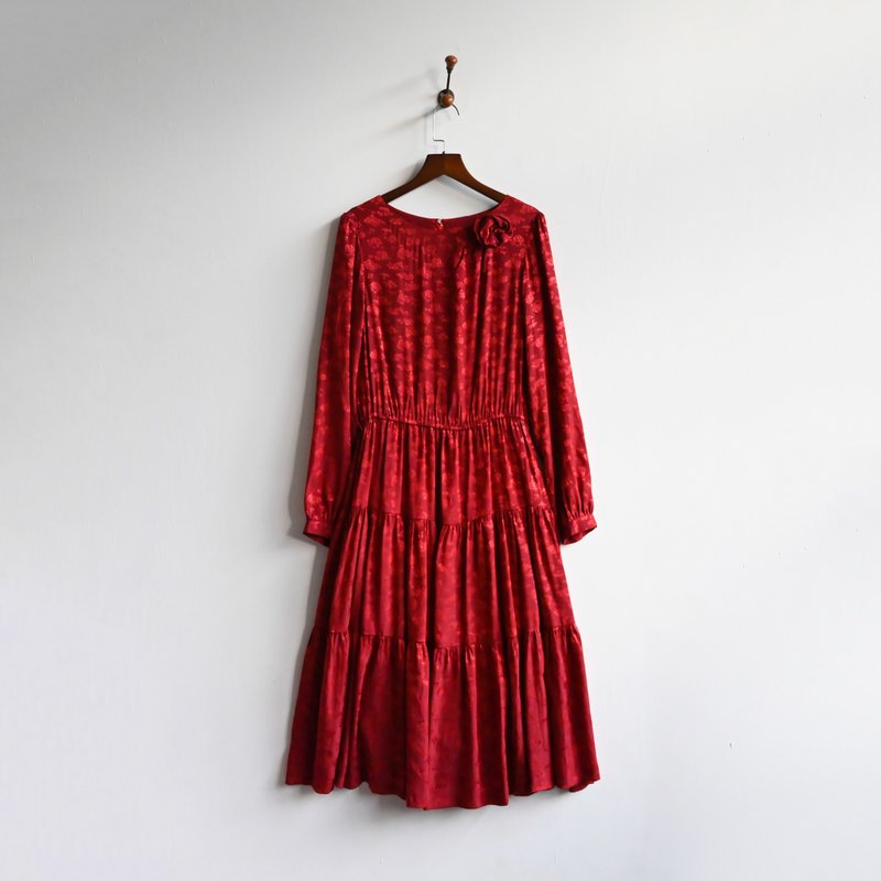 【蛋植物古著】昭和夏景蛋糕裙擺古著洋裝 - 洋裝/連身裙 - 其他人造纖維 紅色