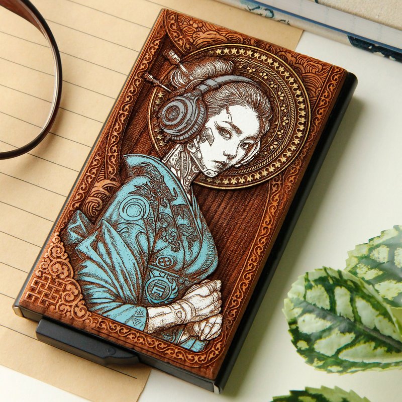 Cyber Geisha -  Wooden card holder with laser engraving + hand painting - 名片夾/名片盒 - 木頭 咖啡色