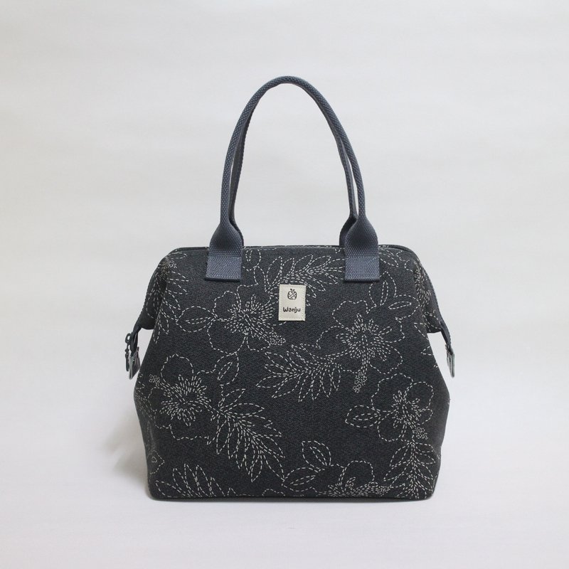 Insulated lunch bag 25x15cm / doctor's mouth gold tote bag / elegant thread flower - Handbags & Totes - Cotton & Hemp Black