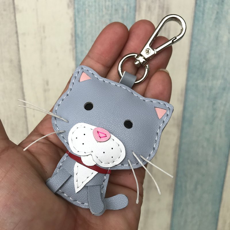 Healing small objects handmade leather light gray cute kitten hand-stitched keychain small size - ที่ห้อยกุญแจ - หนังแท้ 