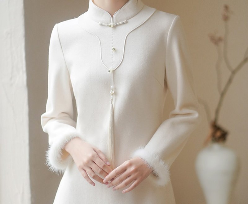 新しい中国風の禅茶スーツの気質が改善されたチャイナドレスドレス - トップス - シルク・絹 ホワイト