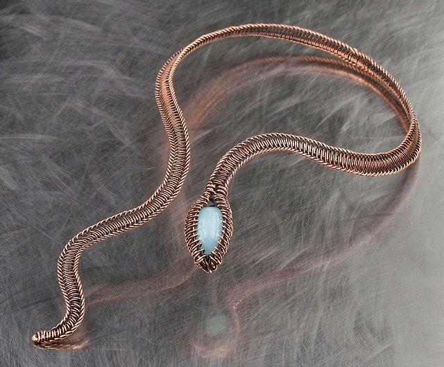 Snake necklace with natural aquamarine / Wire wrapped festive copper  necklace - Shop Wire Wrap Art Collar Necklaces - Pinkoi