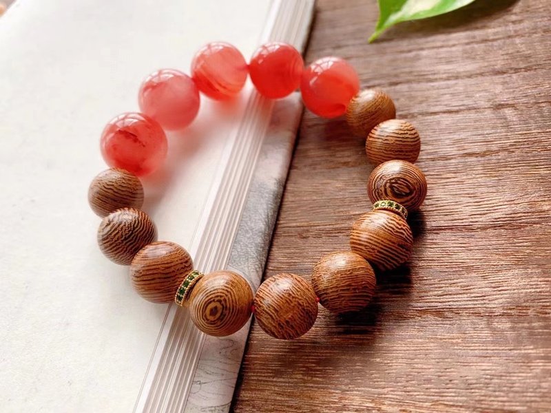 Natural Raw Material Sichuan Nanhong Agate, Ice-Floating Large Bead, Wenge Wood Design, Single Strand Bracelet, Garment Clasp fm - สร้อยข้อมือ - เครื่องประดับพลอย สีแดง