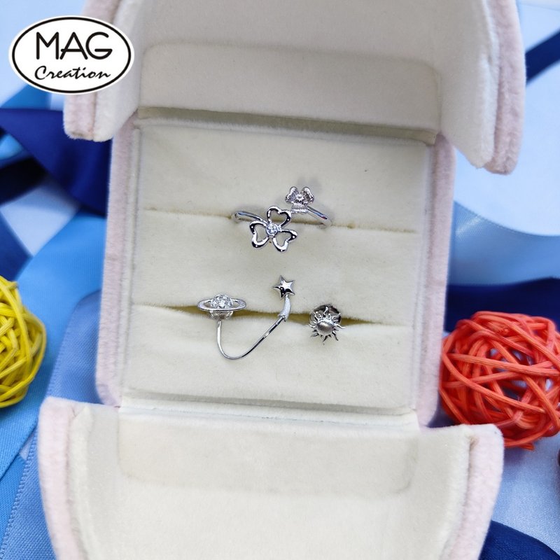 20th Anniversary Set - Diamond Saturn Sun Earring Set with Natural Diamond Clover Ring - แหวนทั่วไป - เครื่องประดับ 