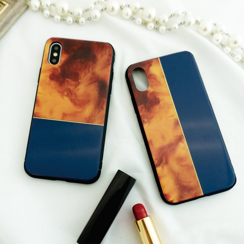 多機種対応 スマホケース ガラス【 べっ甲 × ネイビー 】 ネイル風 iPhone android JI21U - 手機殼/手機套 - 玻璃 咖啡色