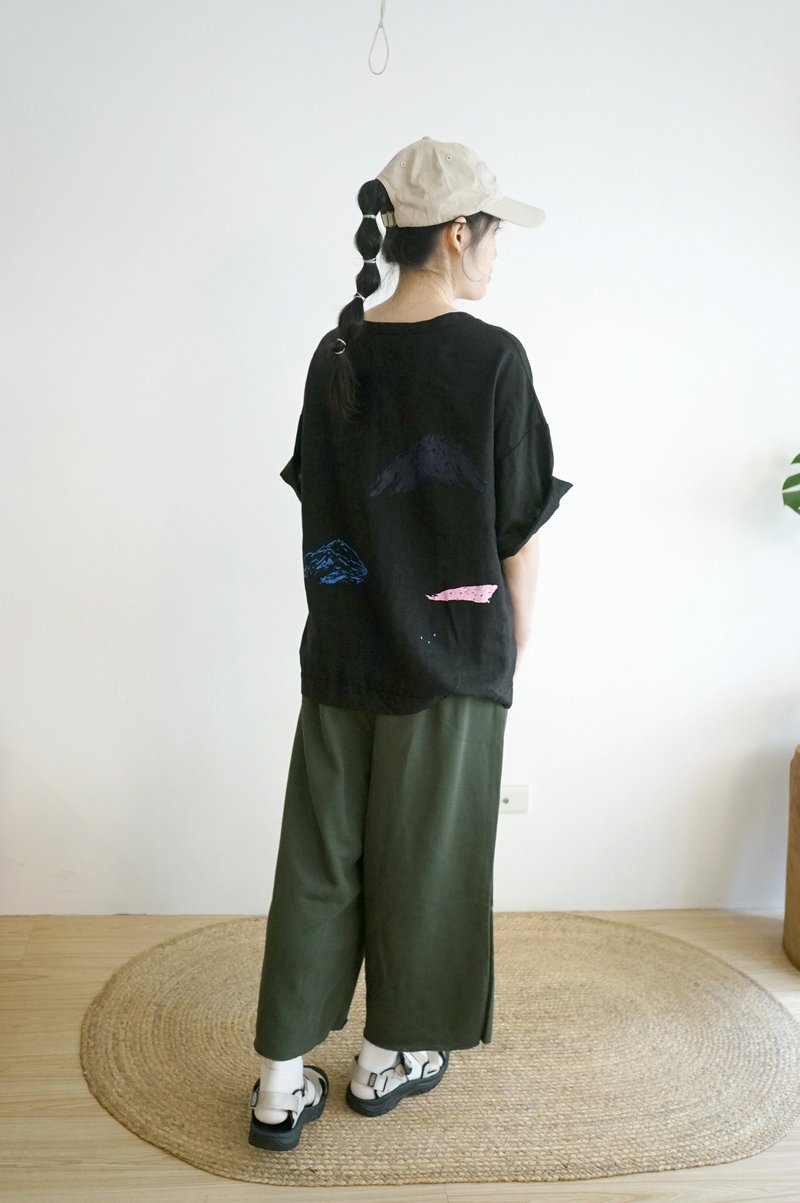 Heart Flower Series Night Green Pure Cotton Printed Uncut Hem Pocket Wide Pants - กางเกงขายาว - ผ้าฝ้าย/ผ้าลินิน สีเขียว