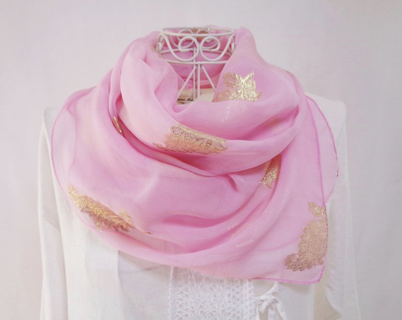 Silk, chiffon, gold lame, autumn cherry color, cochineal dyeing, long stole - Knit Scarves & Wraps - Silk Pink