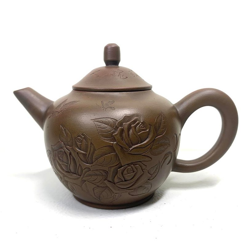 台灣【段泥窯變】程剛雕刻(珍愛一生珍愛一世玫瑰)窯變壺 - 茶壺/茶杯/茶具 - 陶 