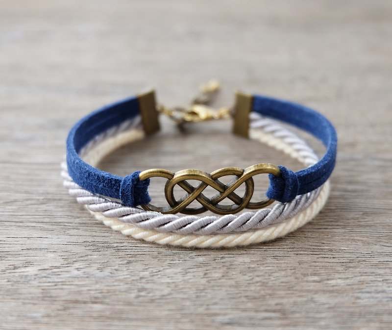 Brass double-infinity in Navy blue / Light gray / Cream - Bracelets - Other Materials Blue