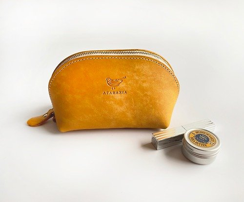 ataraxia-leather ふっくらレザーポーチ ミモザイエロー （イタリアンレザー MAYA）バッグインバッグにも☆