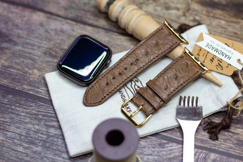 Apple Watch 手工深啡色鴕鳥皮錶帶意大利料 - 錶帶 - 真皮 咖啡色