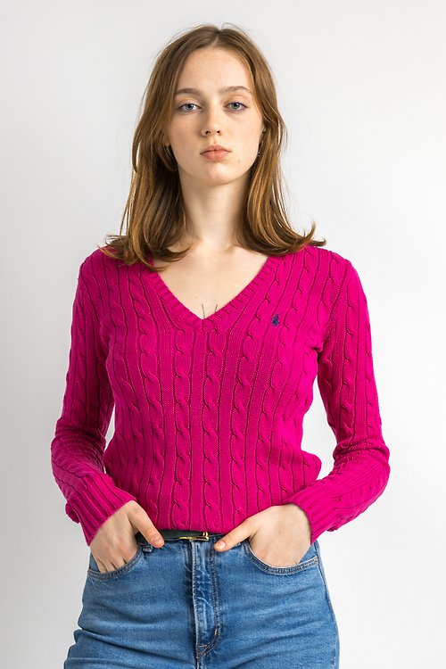 MoodShopGirls Ralph Lauren Sweater y2k Dark Pink Sweater Knitted Cotton 5898