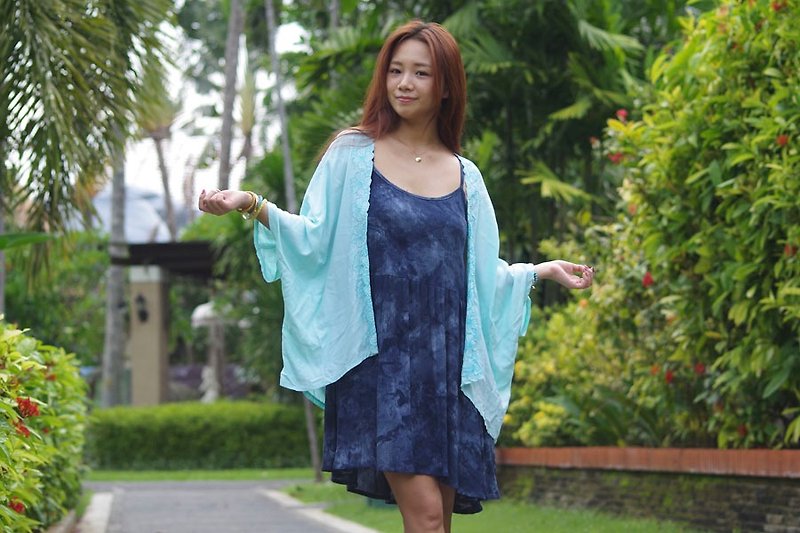 Hibiscus embroidered kimono cardigan <Aqua> - Overalls & Jumpsuits - Other Materials Blue