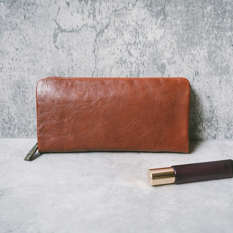 [Spring Festival Gift Box] Charming Leather Zipper Long Clip X8122 Red Brown - Wallets - Genuine Leather Red