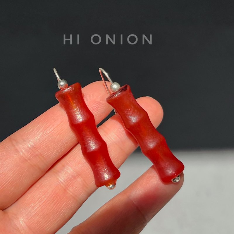 Hi Onion原創小眾設計復古瑪瑙紅色竹節耳環銀耳鉤新中式耳夾個性 - 耳環/耳夾/耳骨夾 - 其他材質 