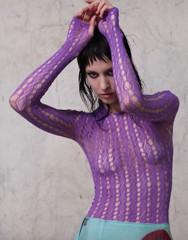 法式復古 網眼鏤空緊身長袖上衣 兩件套 - 女上衣/長袖上衣 - 其他材質 紫色