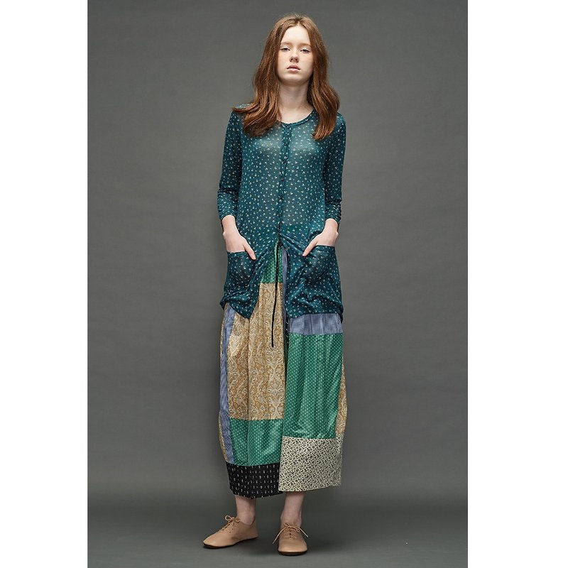 1701D0406 (small floral knit long coat) - เสื้อแจ็คเก็ต - ผ้าฝ้าย/ผ้าลินิน สีเขียว
