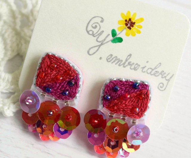 Qy Embroidery Candy Hit Color Colorful Embroidery Hand Made Earrings Quadrangular Deep Red And Fuchsia Shop Qy Embroidery Earrings Clip Ons Pinkoi