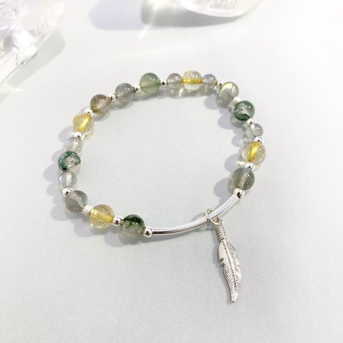 Ops手工飾品設計 Ops Labradorite bracelet -拉長石/水草瑪瑙/黃髮晶/銀管/羽毛
