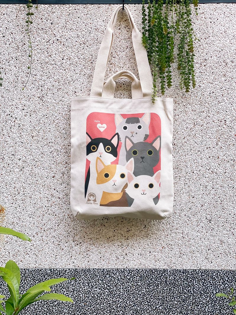 Canvas bag/ silly cat - กระเป๋าแมสเซนเจอร์ - ผ้าฝ้าย/ผ้าลินิน ขาว