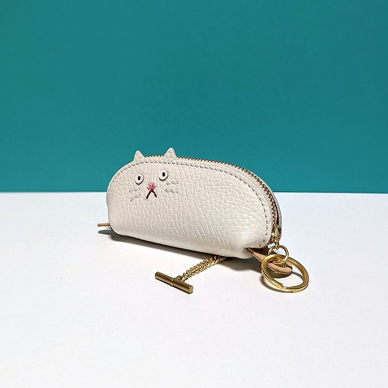 Palm-sized cat-shaped zipper key case-pink - ที่ห้อยกุญแจ - หนังแท้ ขาว