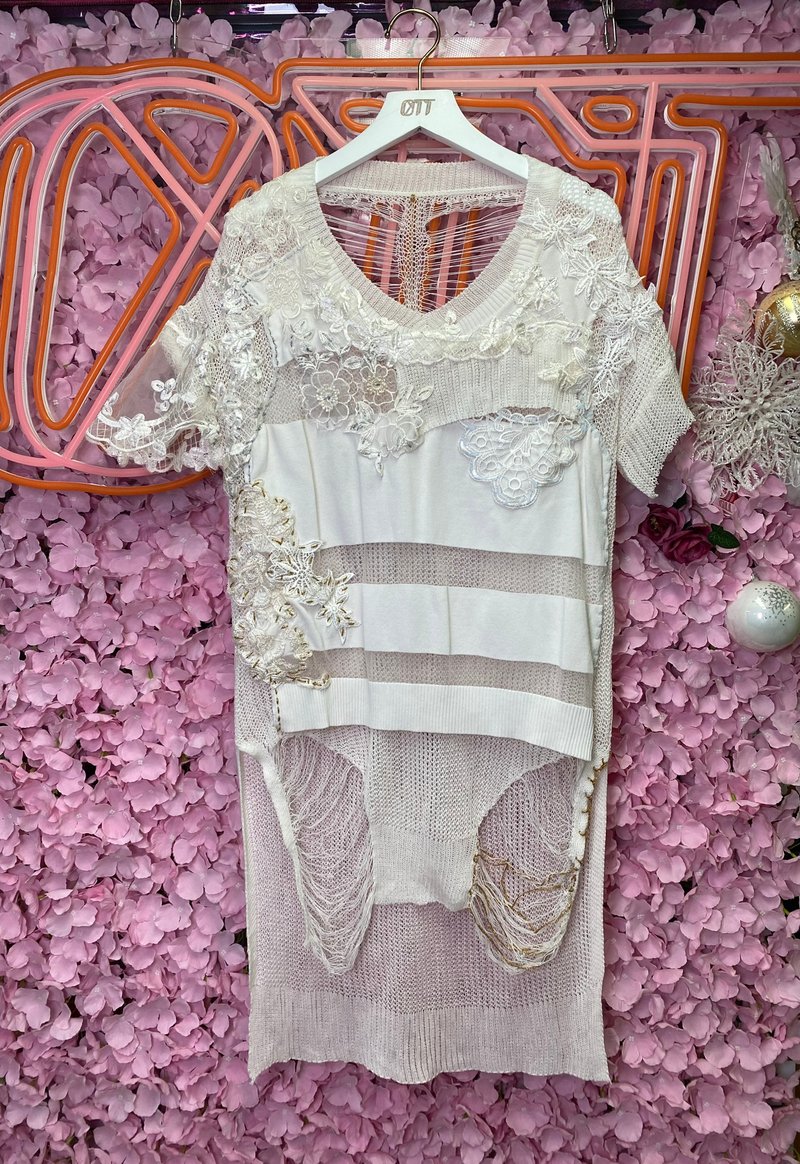 OTT獨一無二•華麗白色婚紗蕾絲刺繡麻棉網織鏤空假兩件上衣 - 女上衣/長袖上衣 - 棉．麻 白色