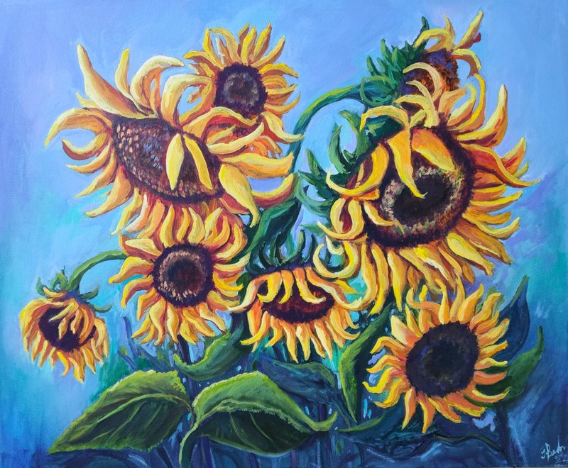 Sunflowers Painting Flowers Original Art Floral Oil Painting on Canvas 50x60cm - 海報/掛畫/掛布 - 其他材質 黃色
