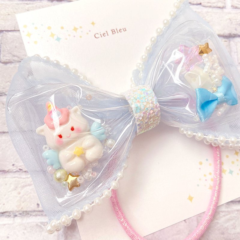 Clear tulle ribbon unicorn angel light blue pearl edge organza hair tie - เครื่องประดับผม - วัสดุอื่นๆ สีน้ำเงิน