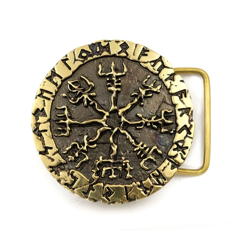 Vegvisir soild brass belt buckle, Scandinavian Runes compass belt - เข็มขัด - วัสดุอื่นๆ สีทอง