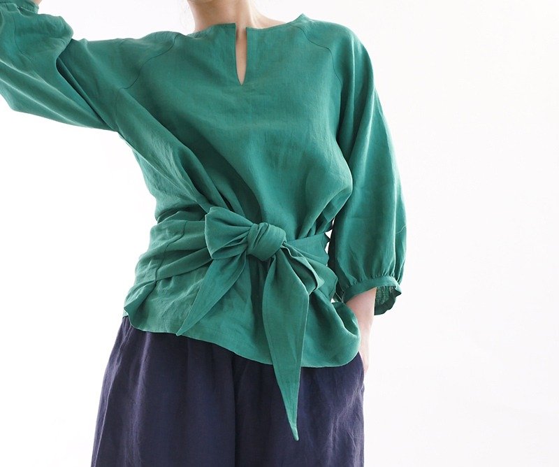 雅亜麻リネン ウエストリボンのラグラントップス  / 常盤緑 t13-4 - 女裝 上衣 - 棉．麻 綠色