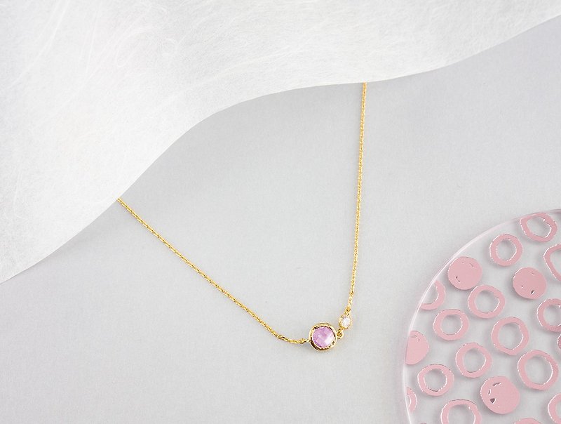 Edith&Jaz•Birthstone with CZ Collection-Pink Tourmaline Quartz Necklace (Oct) - สร้อยติดคอ - เครื่องเพชรพลอย สึชมพู