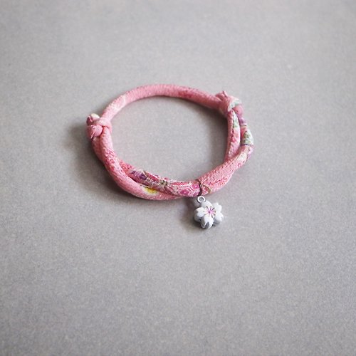 犬猫首輪製作所 日本和布貓狗項圈(可調式)--粉櫻+白櫻花鈴鐺