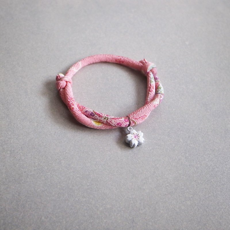 和布の猫犬首輪（調節可能）--ピンクチェリー+ホワイトチェリーベル - 首輪・リード - シルク・絹 ピンク